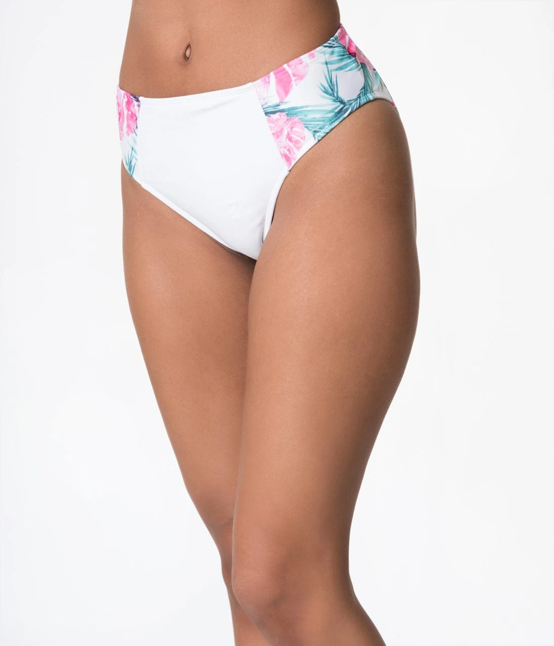 White & Pink Palm Leaf Print Bardot High Waist Brief Swim Bottoms 5 White & Pink Palm Leaf Print Bardot High Waist Brief Swim Bottoms - Image 5