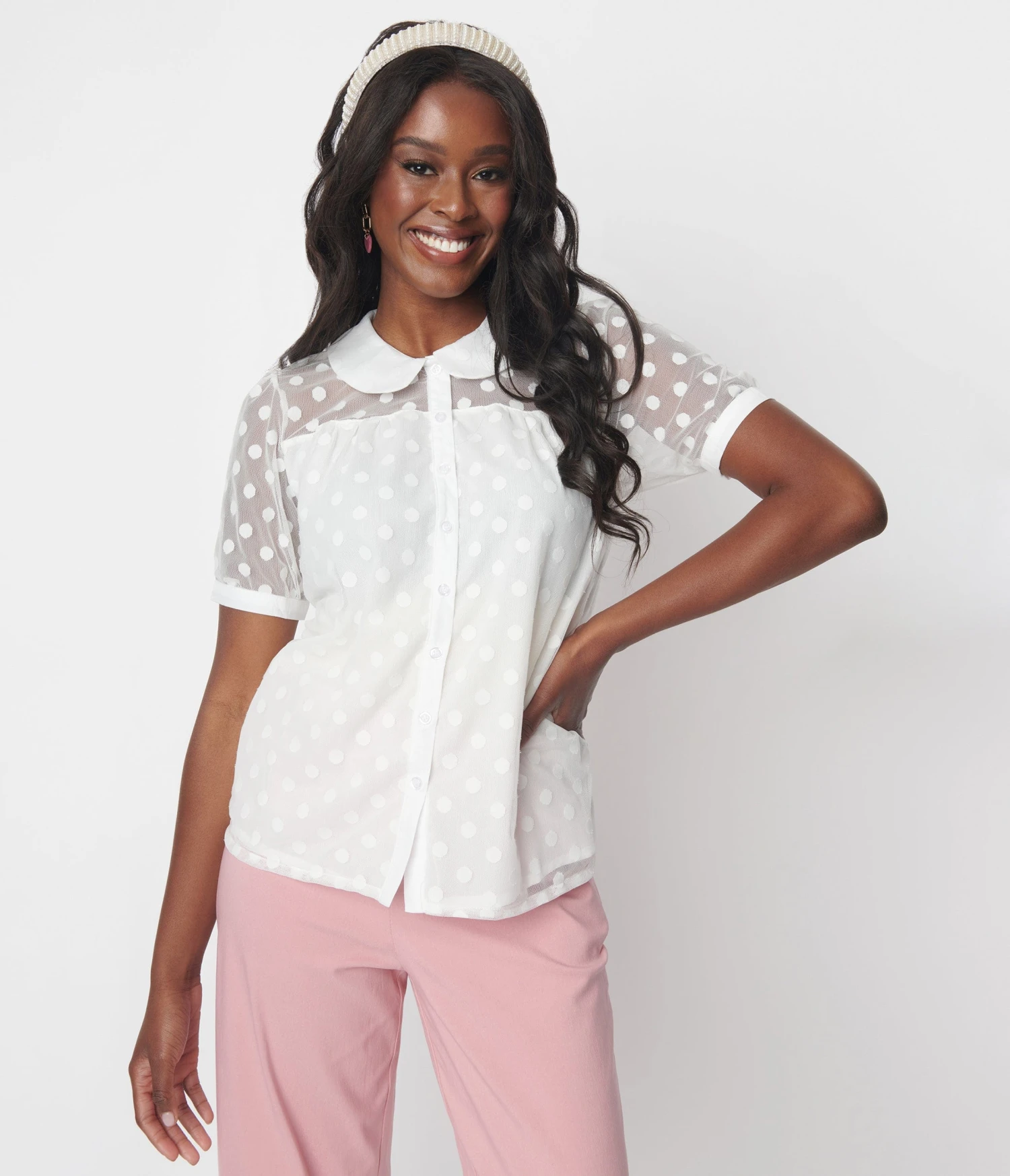 White Polka Dot Mesh Button Down Top 3 White Polka Dot Mesh Button Down Top - Image 3