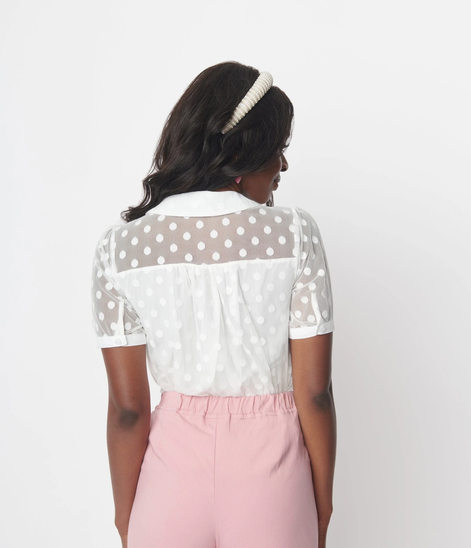 White Polka Dot Mesh Button Down Top 2 White Polka Dot Mesh Button Down Top - Image 2