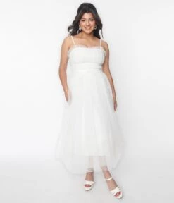 White Polka Dot Tulle Midi Dress