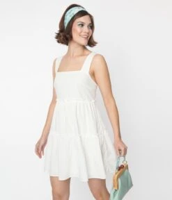 White Ruffle Trim Tiered Mini Dress