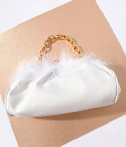 White Satin & Fur Trim Clutch Handbag -New Dress Store white satin fur trim clutch handbag 324086
