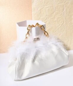 White Satin & Fur Trim Clutch Handbag