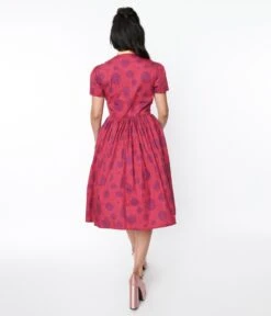 Willy Wonka X Unique Vintage Berry Swirls & Gold Bow Swing Dress -New Dress Store willy wonka x unique vintage berry swirls gold bow swing dress 614353