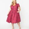 Willy Wonka X Unique Vintage Plus Size Berry Swirls & Gold Bow Swing Dress