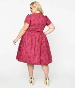 Willy Wonka X Unique Vintage Plus Size Berry Swirls & Gold Bow Swing Dress -New Dress Store willy wonka x unique vintage plus size berry swirls gold bow swing dress 794632