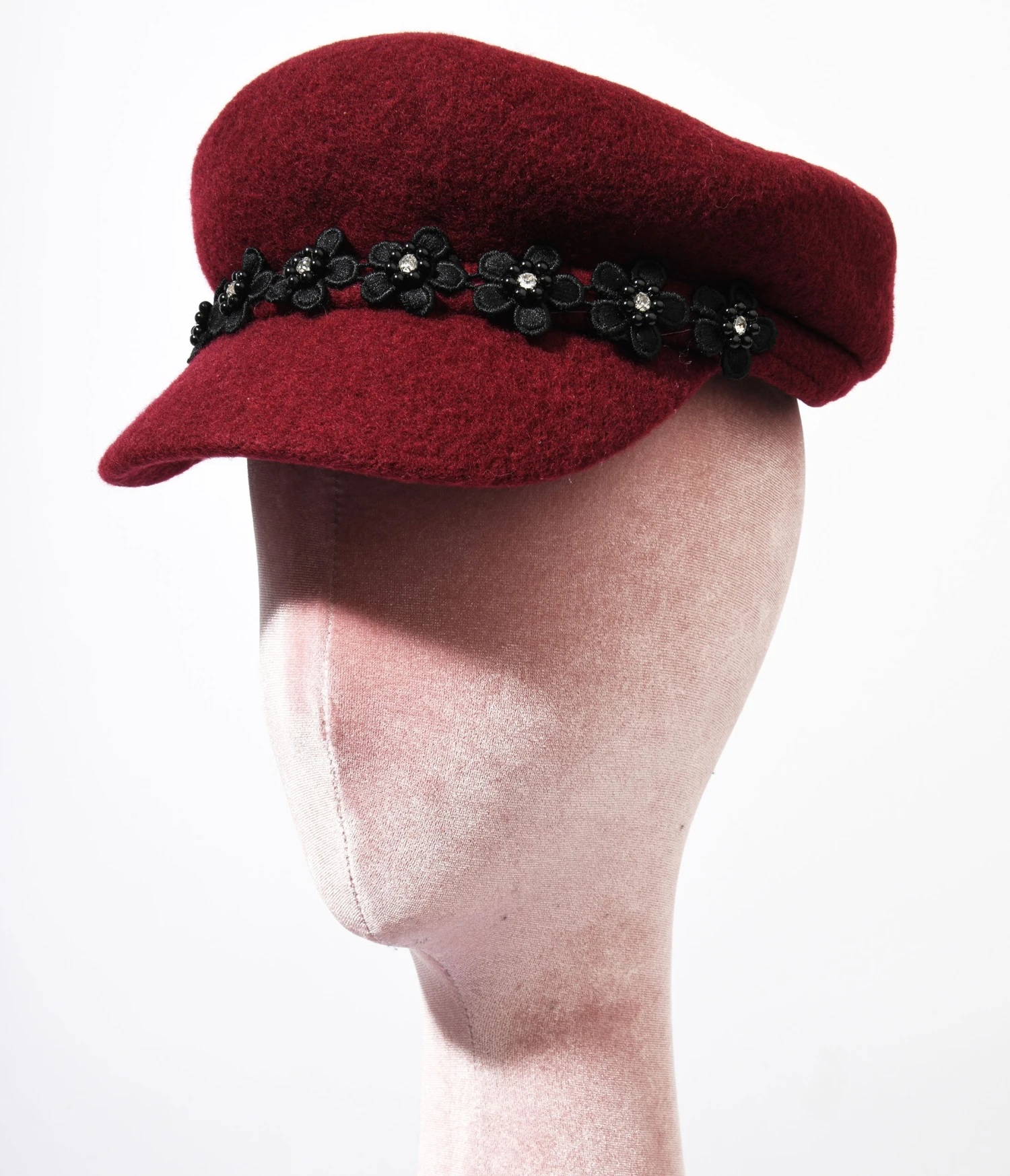 Wine Wool & Black Daisy Cap 1 Wine Wool & Black Daisy Cap